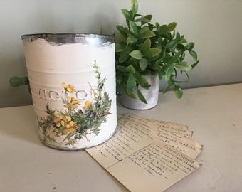 Vintage Flour sifter, upcycled, kitchen decor, floral decor, cottage style