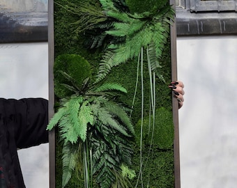 May include: A framed green moss and fern wall art piece. The piece is in a dark wood frame and features a variety of green ferns and moss.
