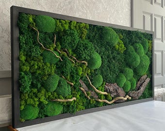 Arte ecologica con muschio del bosco, decorazione murale in muschio stabilizzato con corteccia e rami, regalo unico e perfetto, nessuna manutenzione / dimensioni personalizzate