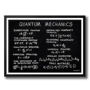May include: A framed chalkboard-style print with the words "QUANTUM MECHANICS" at the top. The print features handwritten equations and formulas, including Schrödinger's equation and Heisenberg's uncertainty principle, in white against a black background.
