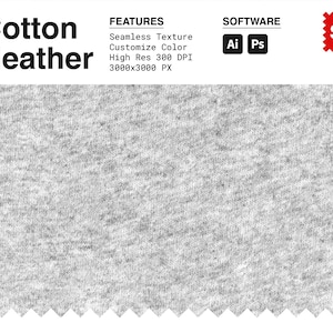 May include: A seamless texture of gray cotton heather fabric. The fabric is 3000 pixels by 3000 pixels and has a resolution of 300 DPI. The fabric is customizable and can be used in Adobe Illustrator and Photoshop.