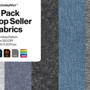 Może przedstawiać: Pięć wzorów tkanin bez szwów w różnych kolorach i fakturach, w tym szary, niebieski i czarny. Wzory mają rozmiar 3000 x 3000 pikseli i rozdzielczość 300 DPI. Obraz zawiera tekst "SWATCHSUPPLY™ 5 Pack Top Seller Fabrics Seamless Pattern Scan 300 DPI 3000 X 3000 px Ps Ai JPEG COLOR".