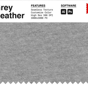 May include: A seamless texture of grey heather fabric. The texture is 3000 x 3000 pixels and 300 DPI. The fabric is customizable in color. The image is for use in Adobe Illustrator and Photoshop.