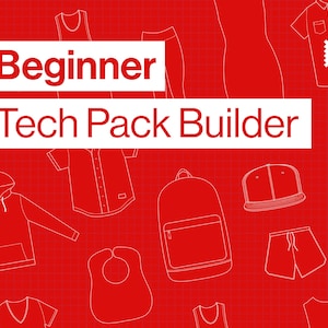 May include: A red background with a white grid pattern. The text "Beginner Tech Pack Builder" is in white letters. There are various white outlines of clothing items, including a hoodie, a shirt, a backpack, a hat, and shorts.