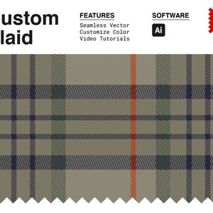 May include: A seamless vector plaid pattern in shades of green, black, and orange. The pattern is customizable and includes video tutorials. The text "Custom Plaid" is at the top of the image. The text "Features" is followed by "Seamless Vector", "Customize Color", and "Video Tutorials". The text "Software" is followed by the letter "Ai". The text "SS" is in a red square.