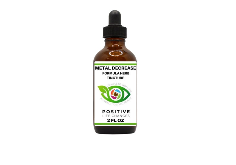 K&ouml;nnte beinhalten: Eine braune Glasflasche mit Tropfer, beschriftet mit "Metal Decrease Formula Herb Tincture". Das Etikett zeigt auch ein gr&uuml;nes Auge mit einem Regenbogen-Iris und den Text "Complete Holistic Approach to Good Health" und "Positive Life Changes 2 fl oz".