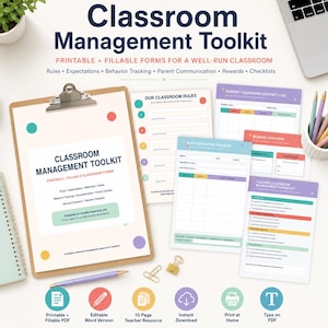 Op de afbeelding: Een klassenmanagement-toolkit met printbare en invulbare formulieren. De set bevat een klembord met een voorblad, klassenregels, gedragstrackers, contactlogboeken voor ouders, beloningsbonnen en checklists met kleurrijke accenten.