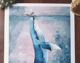 The Nudge, Art print, illustration, watercolor, print, Ocean Art, Whale