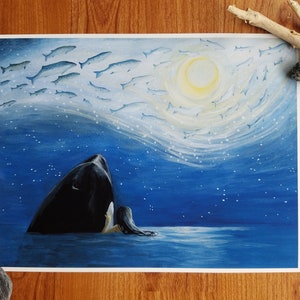 Wo sind die ganzen Lachse hin?, Aquarell Original Kunstdruck, Lachs Mond