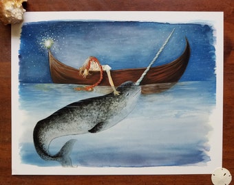 Narwhal Slumber, Watercolor Original Art Print, Ginger, Black Girl, Brown Girl, Brunette, Blonde Variations, Diversity