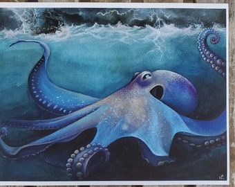 Revenge of the Deep, Watercolor Original Art Print, Octopus, Kraken, Pirate Ship, Monsters, Storm