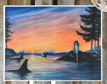 Connecting, Watercolor Original Art Print, Salmon Moon Series, Orca, Killer Whale