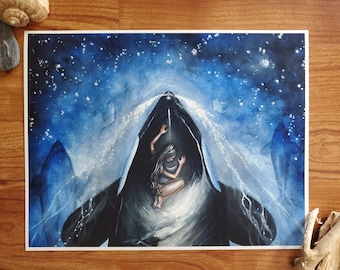 The Search, Watercolor Original Art Print, Salmon Moon, Orca, Killer Whale