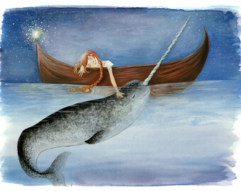 Narwhal Slumber, Watercolor Original Art Print, Ginger, Black Girl, Brown Girl, Brunette, Blonde Variations, Diversity