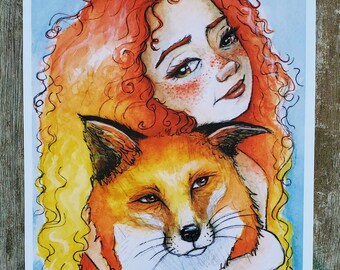 Fox Girl, Fox, Red Head, Ginger, Watercolor, 5x7 inches Original Art Print
