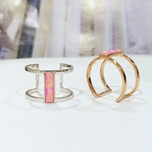 Anello in opale rosa rettangolare, opale di fuoco, argento sterling 925, oro rosa, misura regolabile