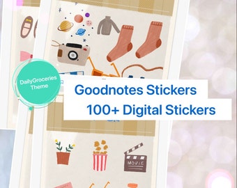 Korean Style Digital Stickers for Goodnotes, 100+ Groceries, Flowers (PNG, Digital Download)