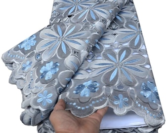 Nuevo diseño, gran tela de encaje de boda africana gris pesado con piedras, 5 yardas, 100% encaje de gasa suiza bordado de alta calidad
