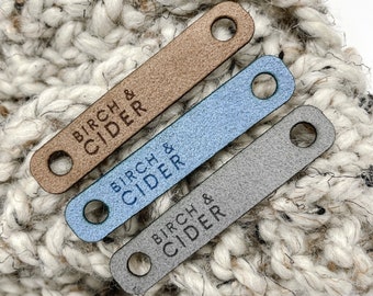 MINI ULTRASUEDE Skinny Tags // 0.5” x 2.5" //No Sew Tags // Chicago Screw Rivet  // Business Labels for Hats // Crochet Tag // Knits