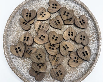 1" Heart Shaped Walnut Wooden Buttons // Knitting Crocheting // Faux Pom Pom Buttons // Crafting Accessories // Handmade // Sewing