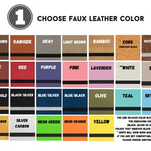 May include: A colour chart displaying faux leather options. The chart features colours such as dark brown, grey, red, purple, pink, and others. Text at the top reads "CHOOSE FAUX LEATHER COLOUR".