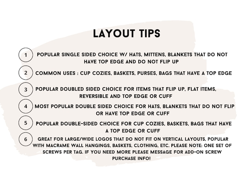 May include: An image with the text "LAYOUT TIPS" providing guidance on layout choices. It lists options for items such as hats, blankets, and cup cozies, including reversible items and large logos.