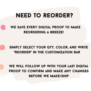 May include: White background with text: "NEED TO REORDER?" and instructions for reordering. Includes pink and peach-coloured circles. Text states to select quantity, colour, and write "REORDER" in the customisation bar.