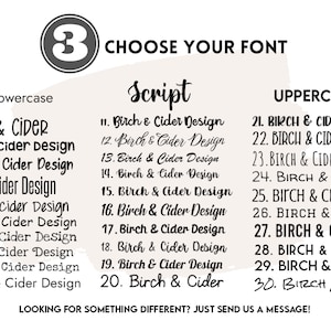 May include: Image displaying font choices for "Birch & Cider Design." Features uppercase, lowercase, and script styles. A circular graphic with the number "3" is at the top. Text reads "Choose Your Font."