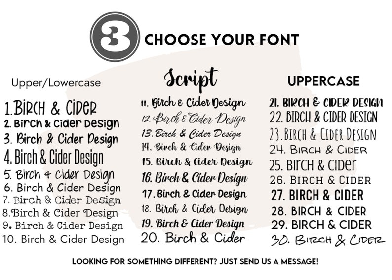 May include: Image displaying font choices for "Birch & Cider Design." Features uppercase, lowercase, and script styles. A circular graphic with the number "3" is at the top. Text reads "Choose Your Font."