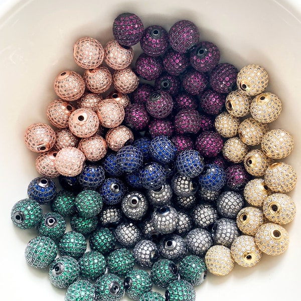 US SELLER CZ Micro Pave Round Ball Bead Cubic Zirconia Pave Beads Rhodium Shamballa Ball Spacer Beads 12mm Pink, Green, Blue, Silver, Gold