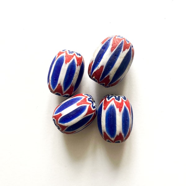 4 Authentic Handmade African Chevron Beads 15-17mm Diameter x 22-24 mm Height,White Red Blue Cheron,African Trade Beads,6 Layers ,Christmas