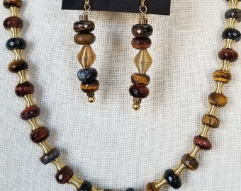Tiger Eye Necklace, Matching Earrings, Natural Stone Necklace, Brown and Gold Necklace