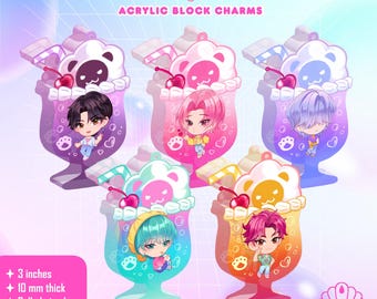 May include: Acrylic block charms featuring colorful soda pop designs with anime-style characters. Each charm is 3 inches tall and 10 mm thick, with a ball chain clasp. The text "SAJA BOYS SODA POP" is displayed at the top.