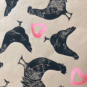 Carta da regalo Chicken Love, carta da regalo stampata a mano con animali da fattoria