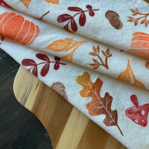 Autumn Block Print Towel, Decorative Fall Tea Towel in Orange and Maroon