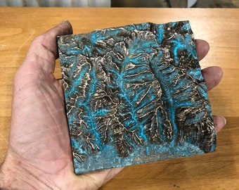 Bronze casting of Wasatch Mountain topographic map with natural ice blue patina