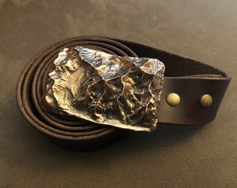 Handmade Alta and Snowbird Utah bronze belt buckle with belt