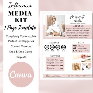 1 Page Media Kit Template Influencer Media Kit Rate Sheet Blogger Press