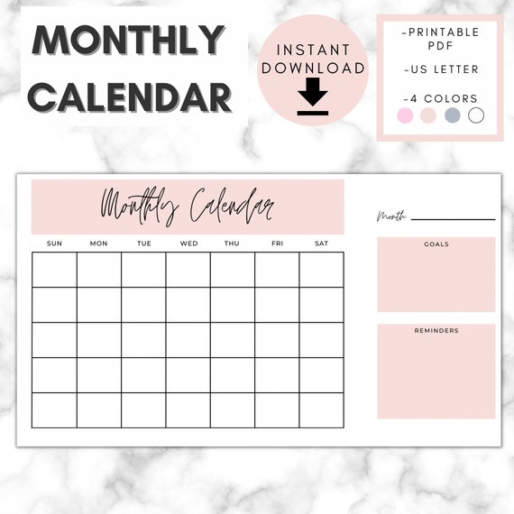 Printable Monthly Calendar Minimalist Calendar Blank Monthly Calendar Printable PDF Etsy