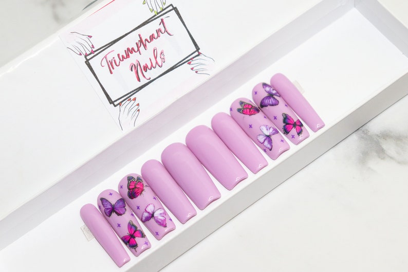 Purple Butterfly Nails Press on Nails Trendy Nails False - Etsy