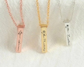 Birth Flower Necklace, Engraved Bar Necklace, Custom Name Pendant, Personalized Birth Flower Pendant, 3D bar necklace, summer jewelry