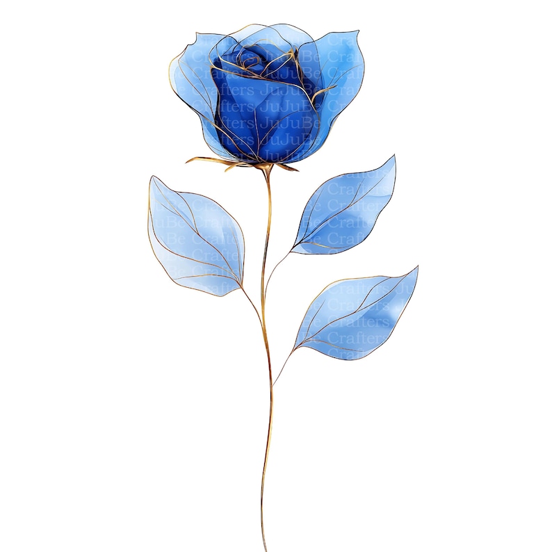 May include: A watercolor illustration of a blue rose with gold outlines. The rose has delicate petals and is set against a white background. The stem and leaves are also blue with gold accents, creating an elegant floral design.