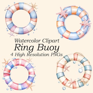 Peut inclure: Clipart aquarelle de quatre bouées de sauvetage bleues, rouges et blanches, ornées d'étoiles de mer et de bulles. Les bouées ont un thème nautique. Le texte sur l'image indique "Watercolor Clipart Ring Buoy 4 High Resolution PNGs."
