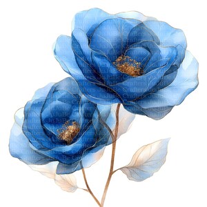 May include: Watercolor illustration of two blue flowers with gold outlines and brown stems. The petals are a translucent blue with gold detailing, and the centers are a warm gold color. The flowers are set against a white background.