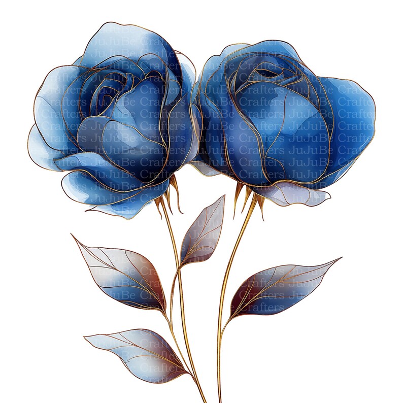 May include: Watercolor illustration of two blue roses with gold outlines and stems. The leaves are a mix of brown and blue. The image is on a white background. The roses are in full bloom.