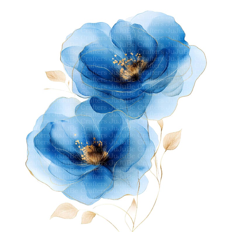 May include: Watercolor illustration of two blue flowers with gold accents. The petals are a translucent blue, with gold outlines and details. The flower centers are brown with gold specks, and the stems and leaves are a light brown.