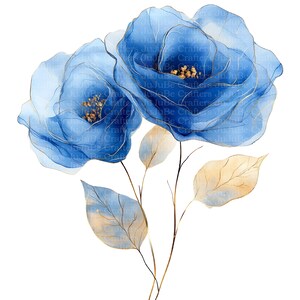 May include: Watercolor illustration of two blue flowers with gold accents. The flowers have delicate, translucent petals and are set against a white background. The image also includes gold-toned leaves and stems.