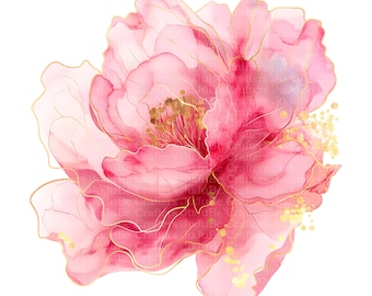 6 Abstract Pink Flowers Clipart, Watercolor, Floral, PNG, Gold Outline, Wedding Crafts, Gift, Printable, Junk Journal, Digital Download