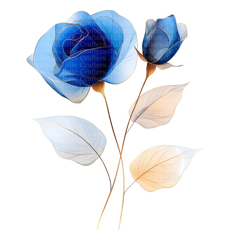 May include: Watercolor illustration of two blue roses with gold outlines and stems, and several leaves. The flowers are in full bloom and a bud. The leaves are a light beige color. The background is white.