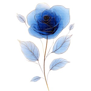 May include: A watercolor illustration of a blue rose with gold outlines. The flower has delicate petals and is set against a white background. The stem and leaves are also blue with gold detailing. The image has a soft, ethereal quality.